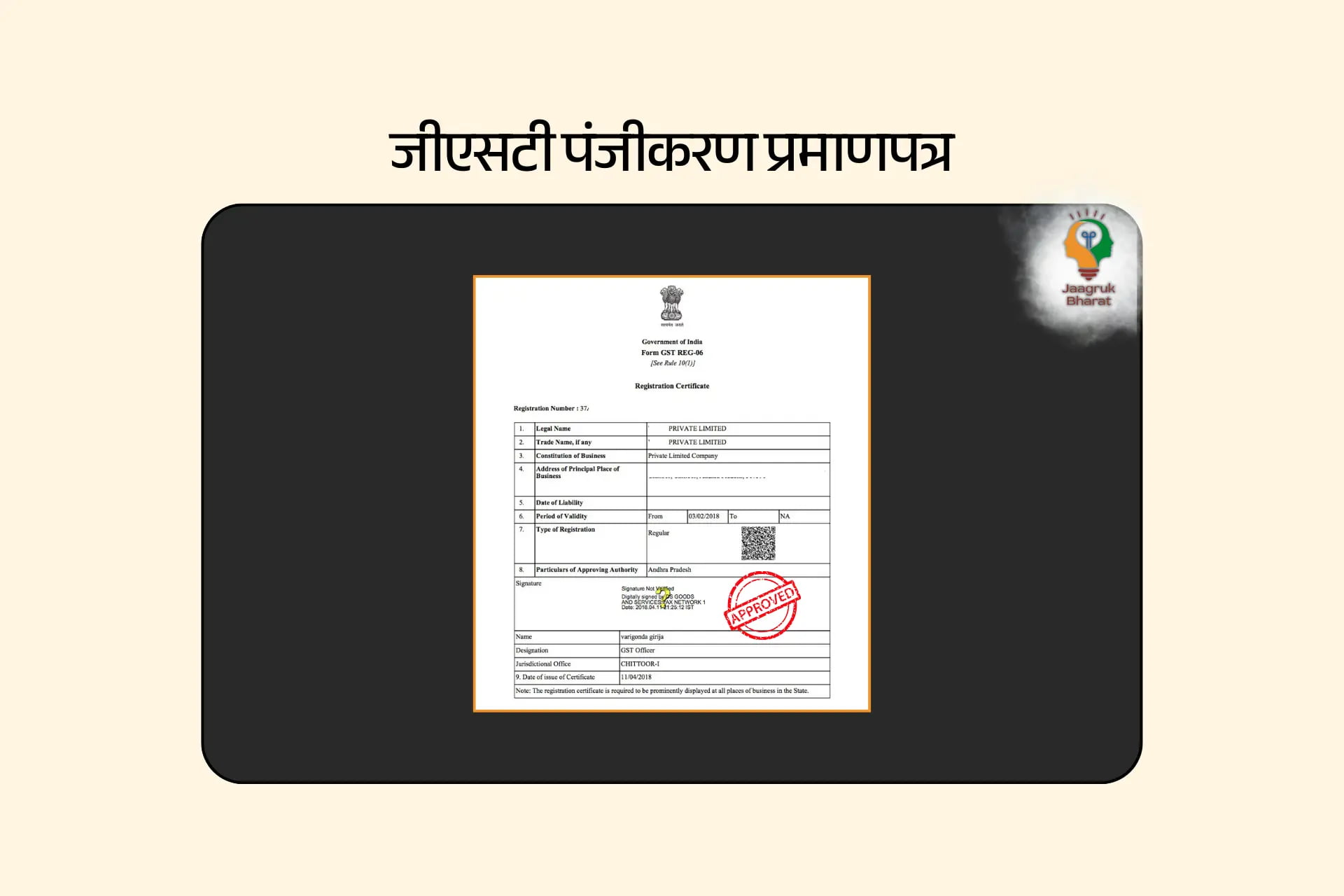जीएसटी पंजीकरण प्रमाणपत्र GST Registration